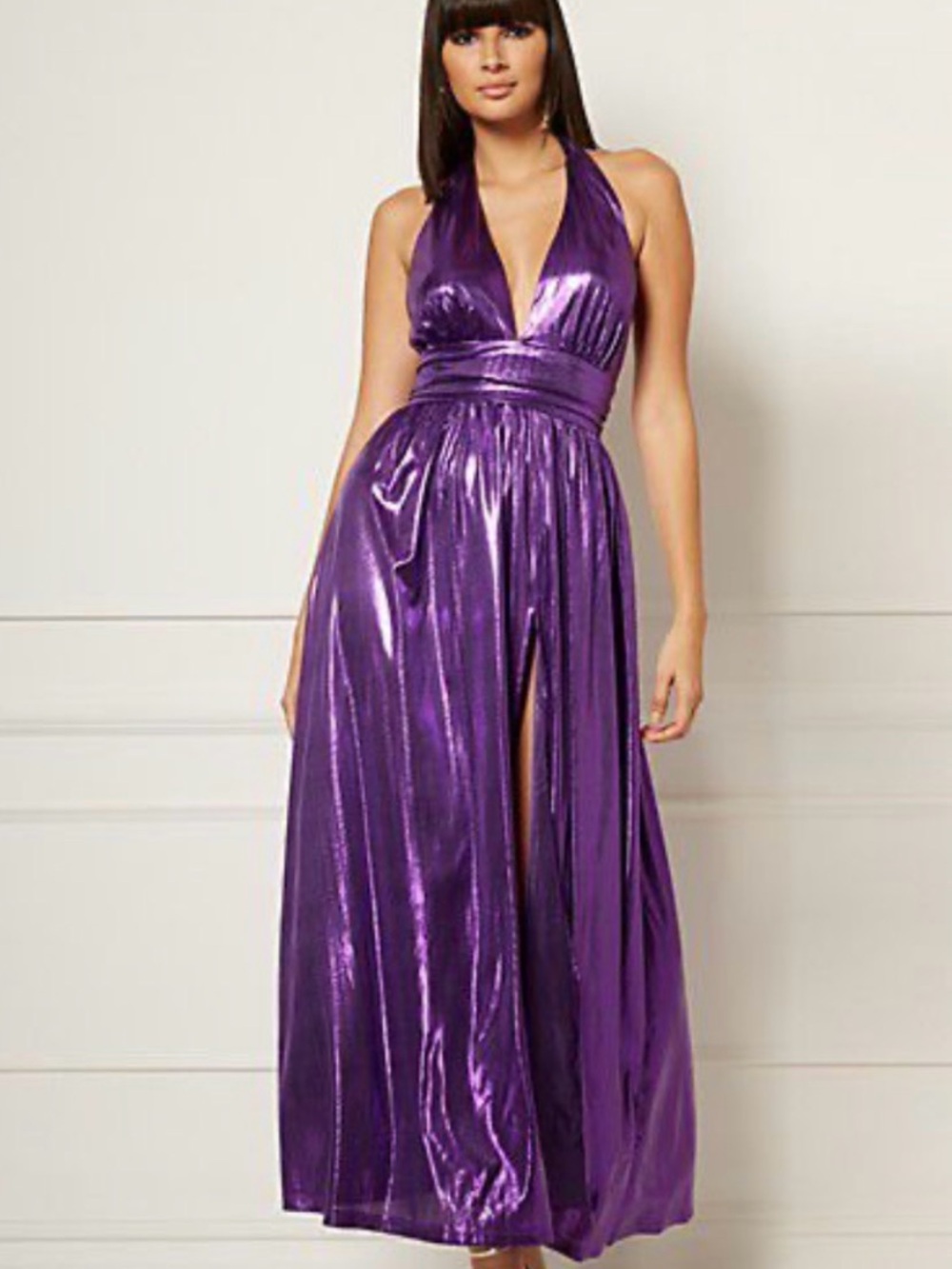 eva mendes for New York & Company Metallic Purple One-Shoulder Halter Gown